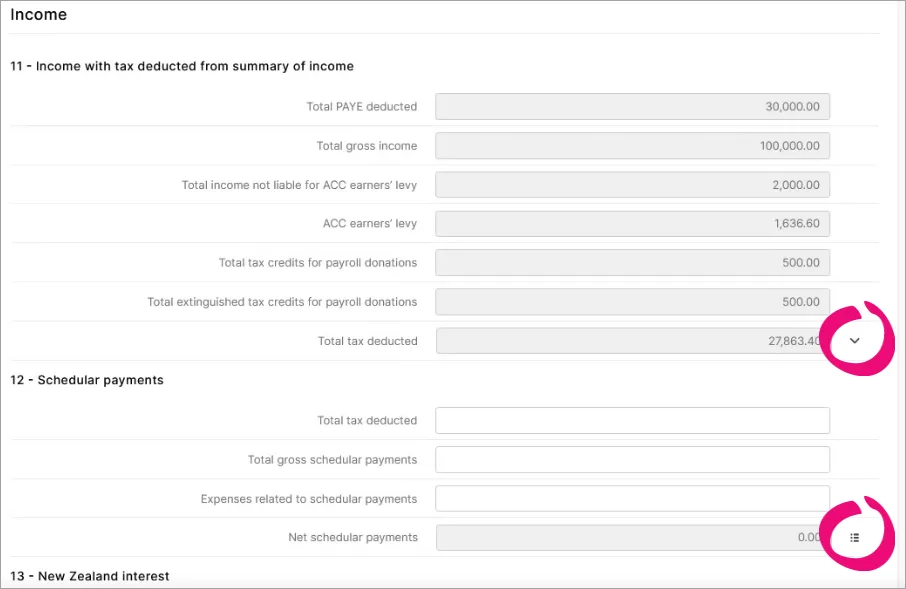 Down arrow icon next to fields with data and list icon next to fields with no data