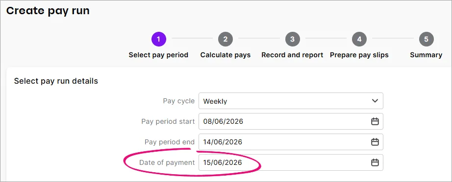 Example pay run with date of payment highlighted