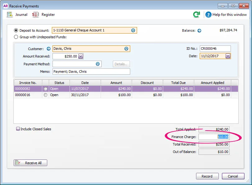 Enter the late fee payment in the Finance Charge field of the Receive payments window