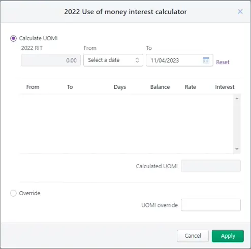 Use of money interest calculator dialog showing fields for calculating UOMI and overriding the calculation