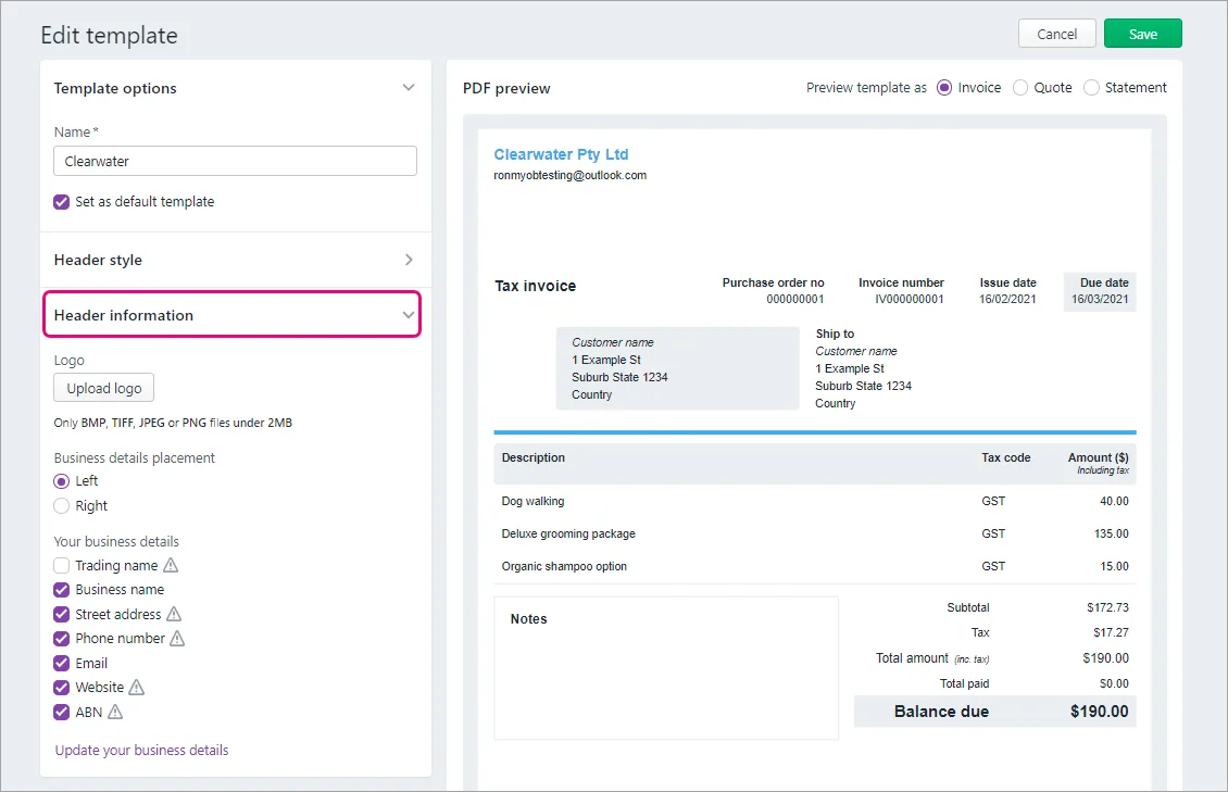 Example Header information