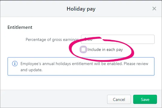 Holiday pay screen with deselected option highlighted