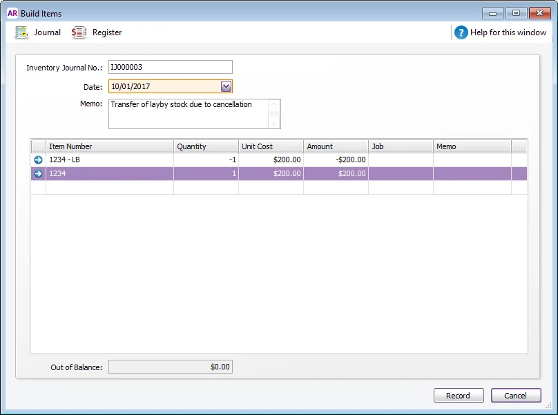 Example build items for transfer of cancelled layby stock