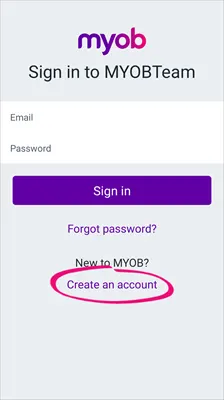 MYOB Team app sign in screen