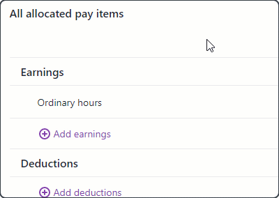 Animation showing add earnings being clicked to reveal create earnings pay item