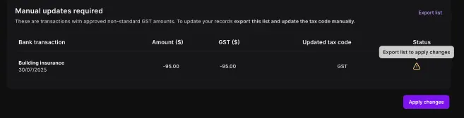 Example list of transactions that will need manually updating