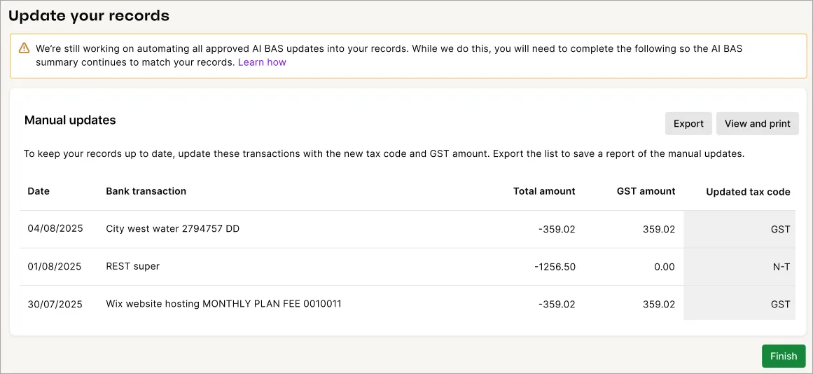 Example list of transactions that will need manually updating