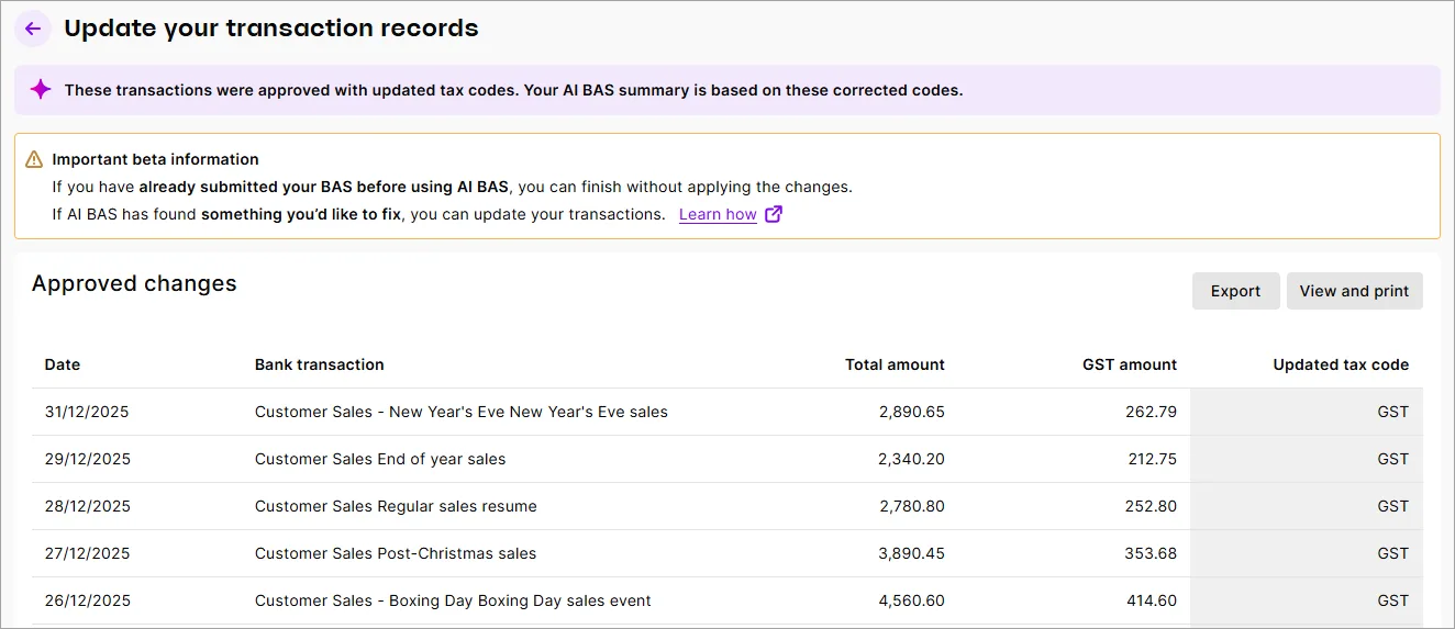Example list of transactions records that will need manually updating