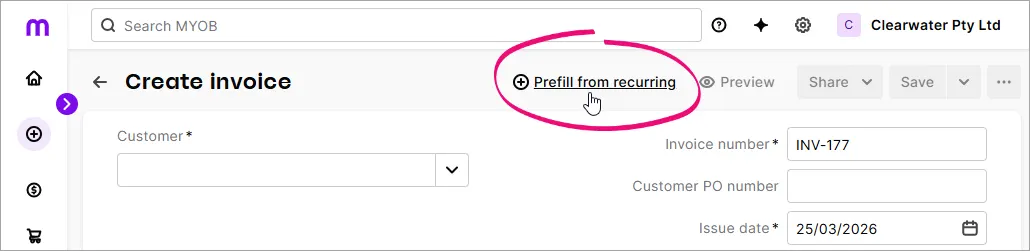 New invoice with prefill from recurring highlighted