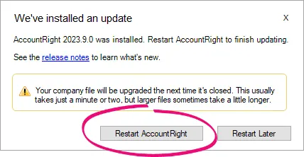 Example prompt to restart AccountRight