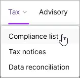 Tax menu expanded with cursor hovering over the Compliance list option