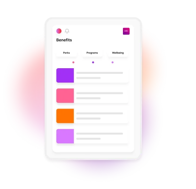 Decorative image of employee benefits app showing perks, progress and wellbeing categories.