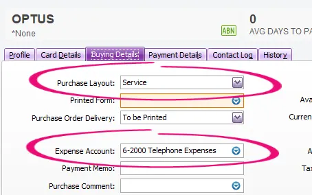 Example supplier card with purchase layout and expense account fields highlighted