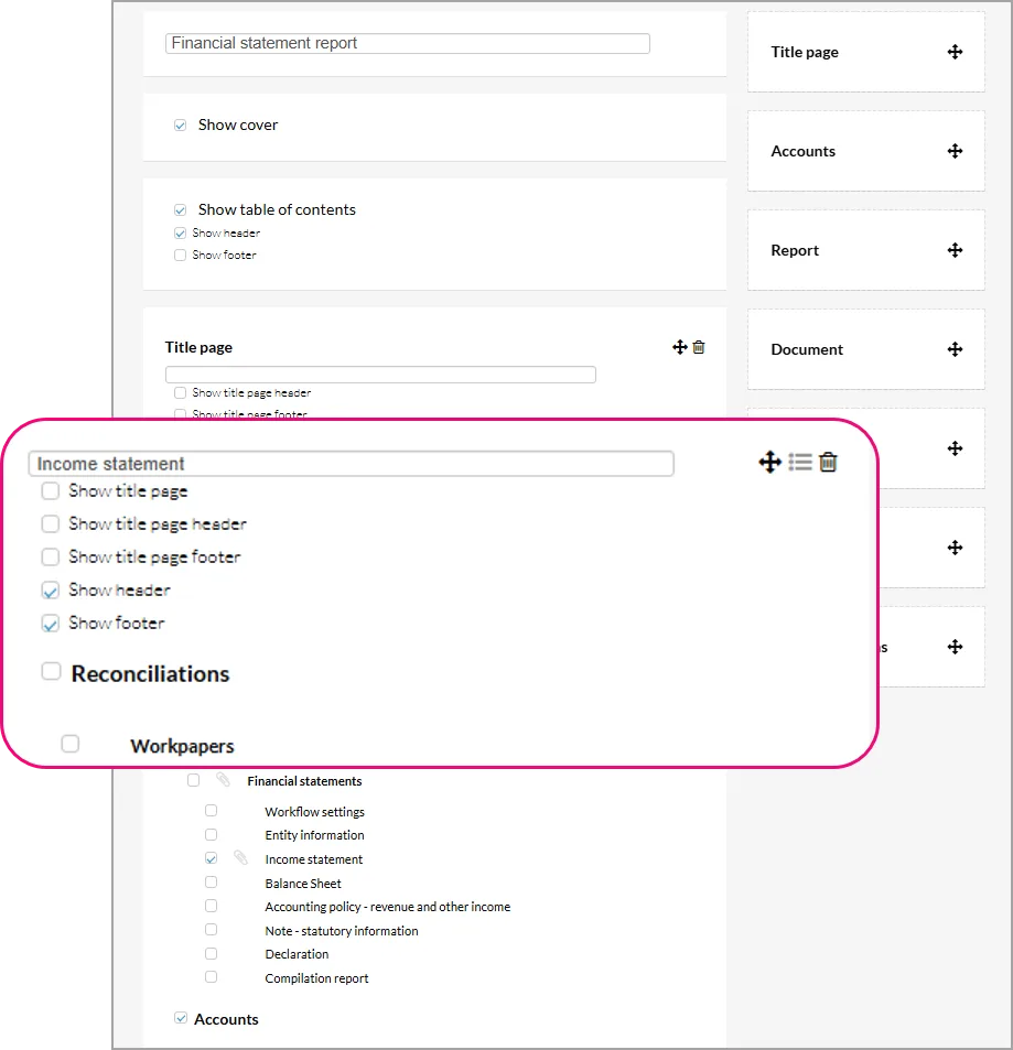 Plus symbol shown to the right of the Income statement options
