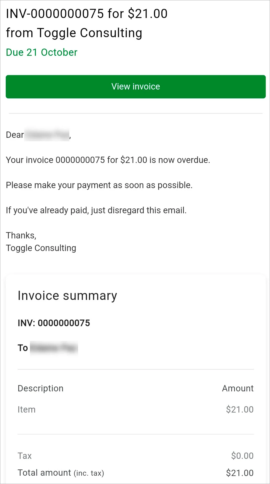 Example overdue invoice email