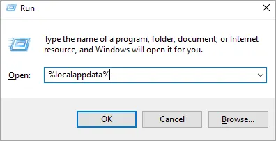Run window with %localappdata% in the Open field