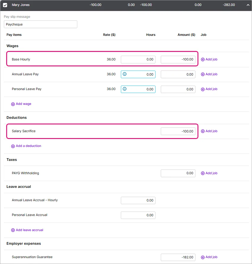 Example pay with negative amounts highlighted in both base hourly and salary sacrifice pay items