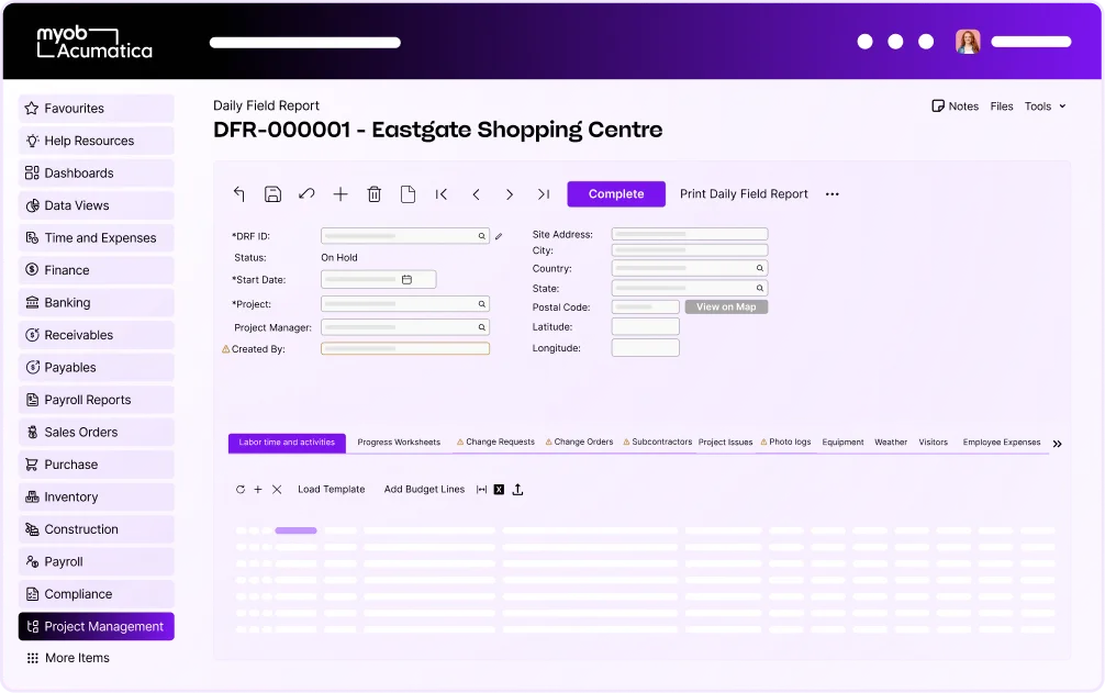 MYOB Acumatica daily field report interface for Eastgate Shopping Centre project, showing form fields and navigation menu.
