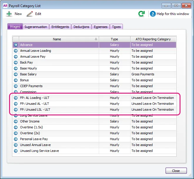 Example payroll category list with 3 final pay categories highlighted