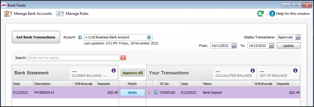 Online Invoice Payment in a bank feed automatically matched to a bank deposit