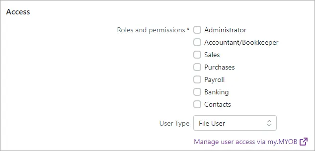 Roles and permissions in MYOB