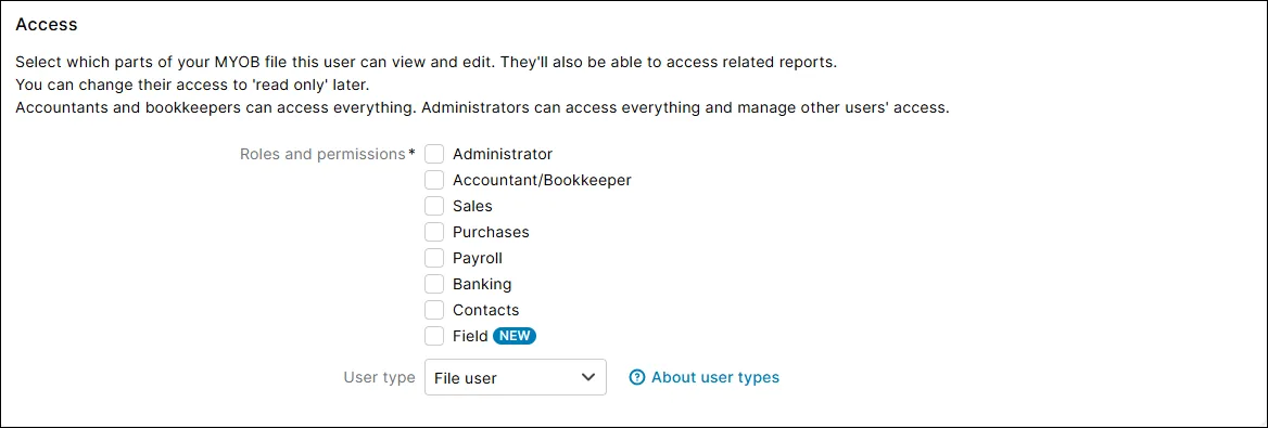 Roles and permissions in MYOB