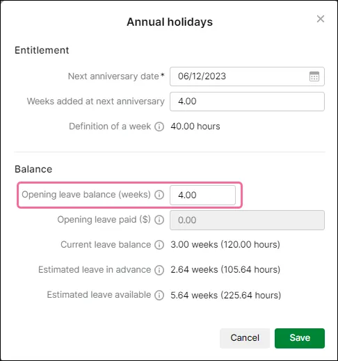 Opening leave balance in MYOB Business