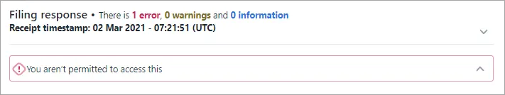 The error message "You aren't permitted to access this" below the Filing response information 