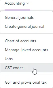 GST codes option on the Accounting menu