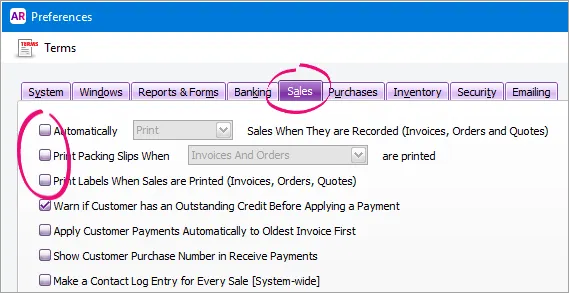 Preferences window with sales tab and top 3 preferences highlighted