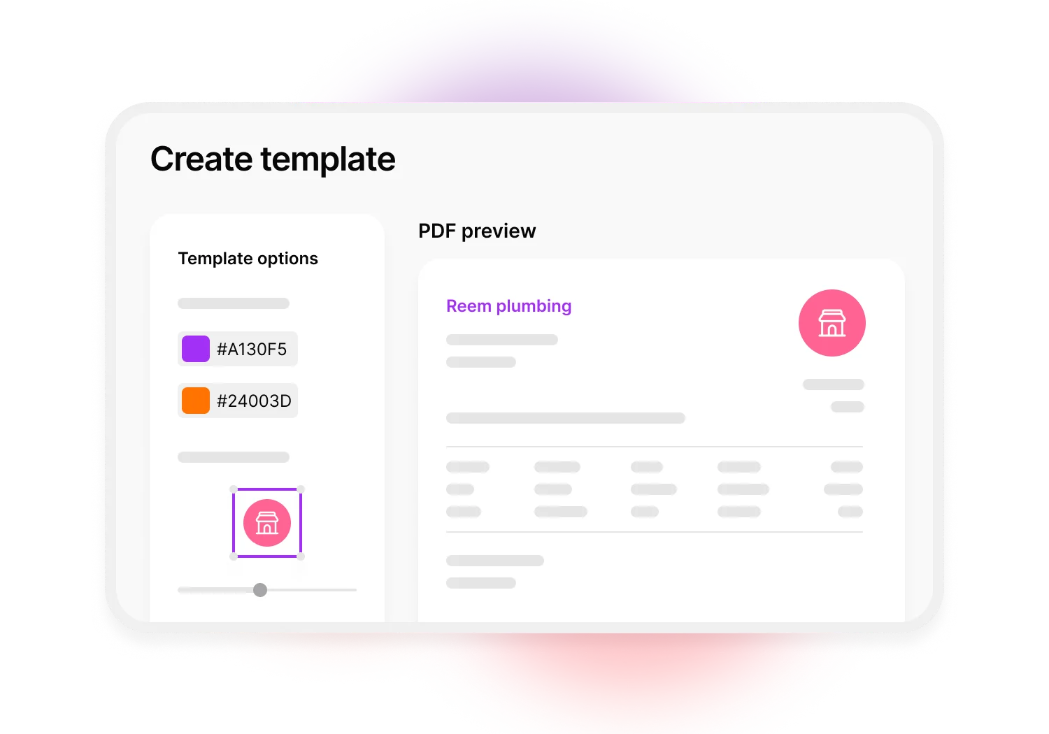 An illustration of the 'create an invoice template' screen in MYOB Business. You can select your brand colours, upload your logo and arrange the layout in a way that will work for you.