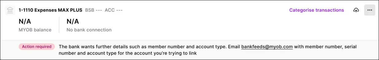 Status of bank feed shows we need you to provide further details