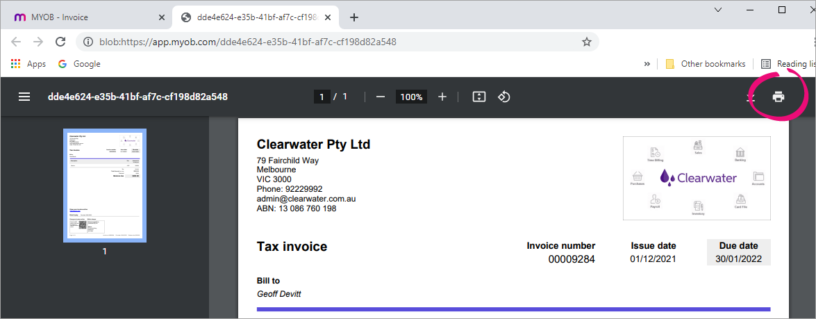 Example PDF invoice shown in a web browser with the print button highlighted