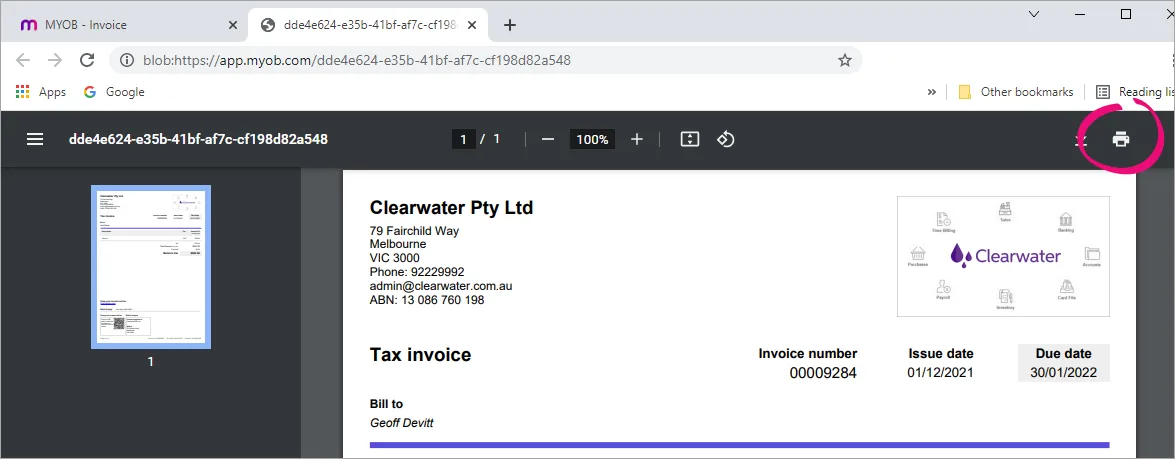 Example PDF invoice shown in a web browser with the print button highlighted