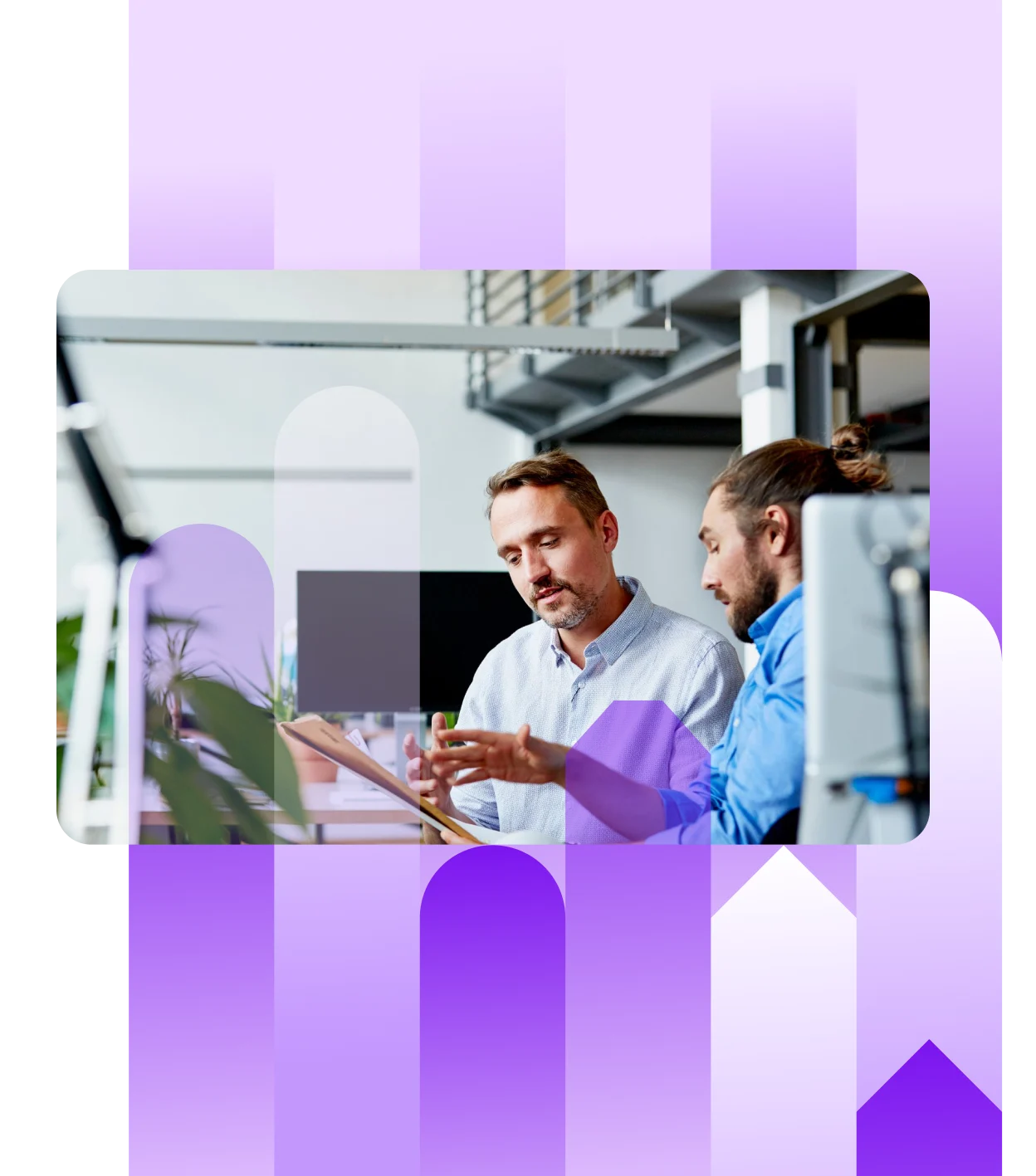 Two professional men, one with a beard, reviewing documents together in an office setting. The image is framed by a purple gradient overlay, emphasising collaboration.