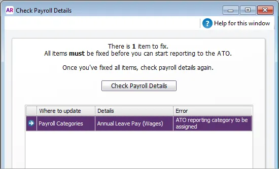 Example payroll category without an ATO reporting category assigned
