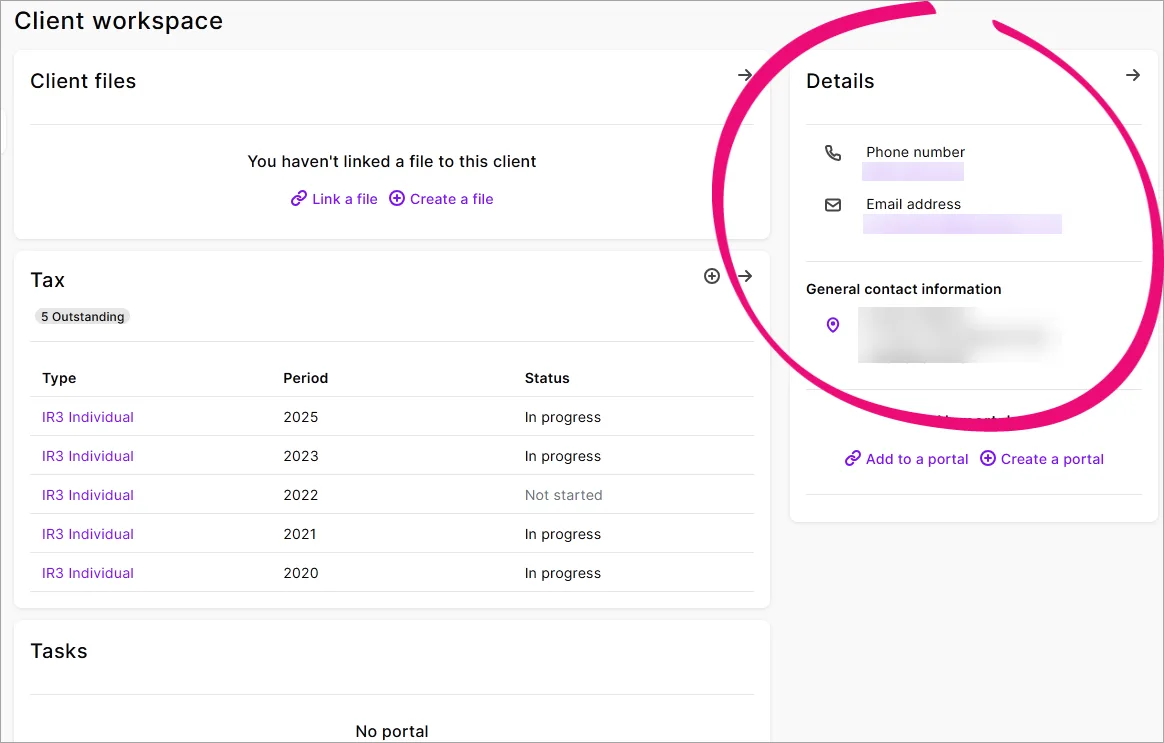 The Details panel highlighted on the right of the Client workspace