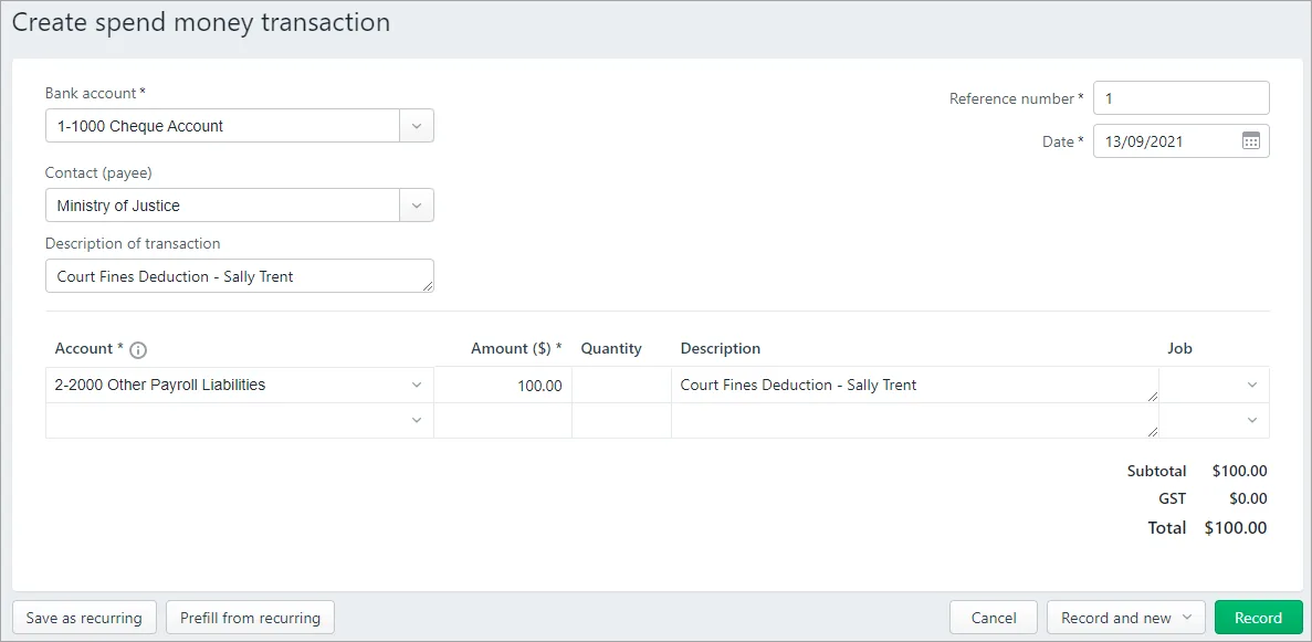 Example spend money transaction for court fines payment