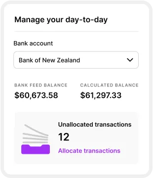 Illustrated version of the 'manage your day' section in MYOB. The image contains a bank account, the bank balance and calculated balance.