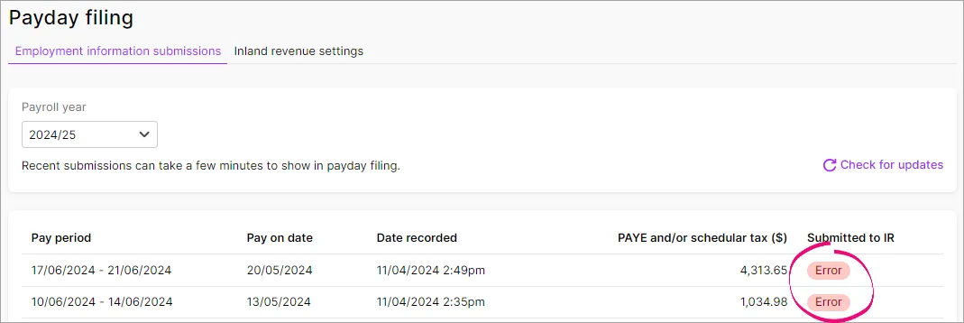 Payday filing submissions with error status highlighted