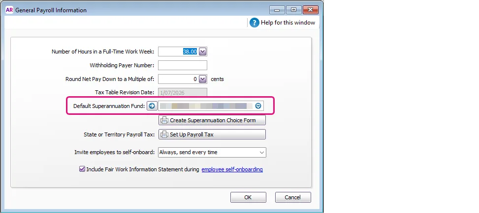 Example general payroll information window with default super fund field highlighted