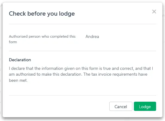 Example activity statement declaration 2with lodge button shown