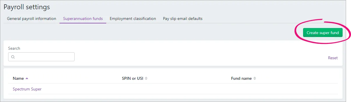 Superannuation fund tab in payroll settings with create super fund button highlighted