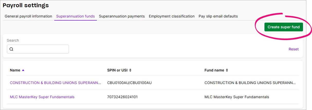 Superannuation fund tab in payroll settings with create super fund button highlighted