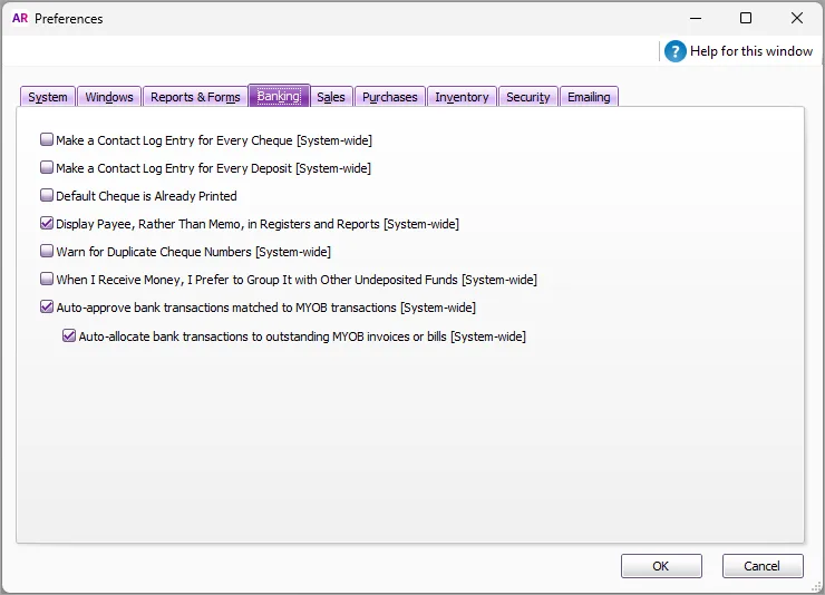 Example Banking preferences with system-wide in the descriptions