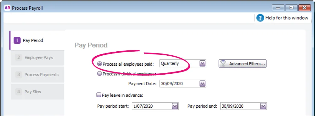 Process payroll with quarterly frequency chosen