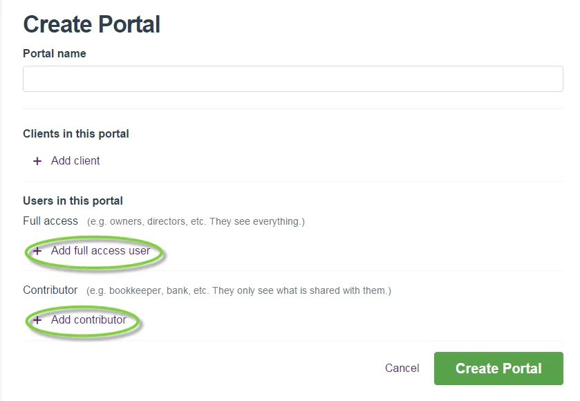 Create Portal page with the Add full access user and Add contributor options highlighted.