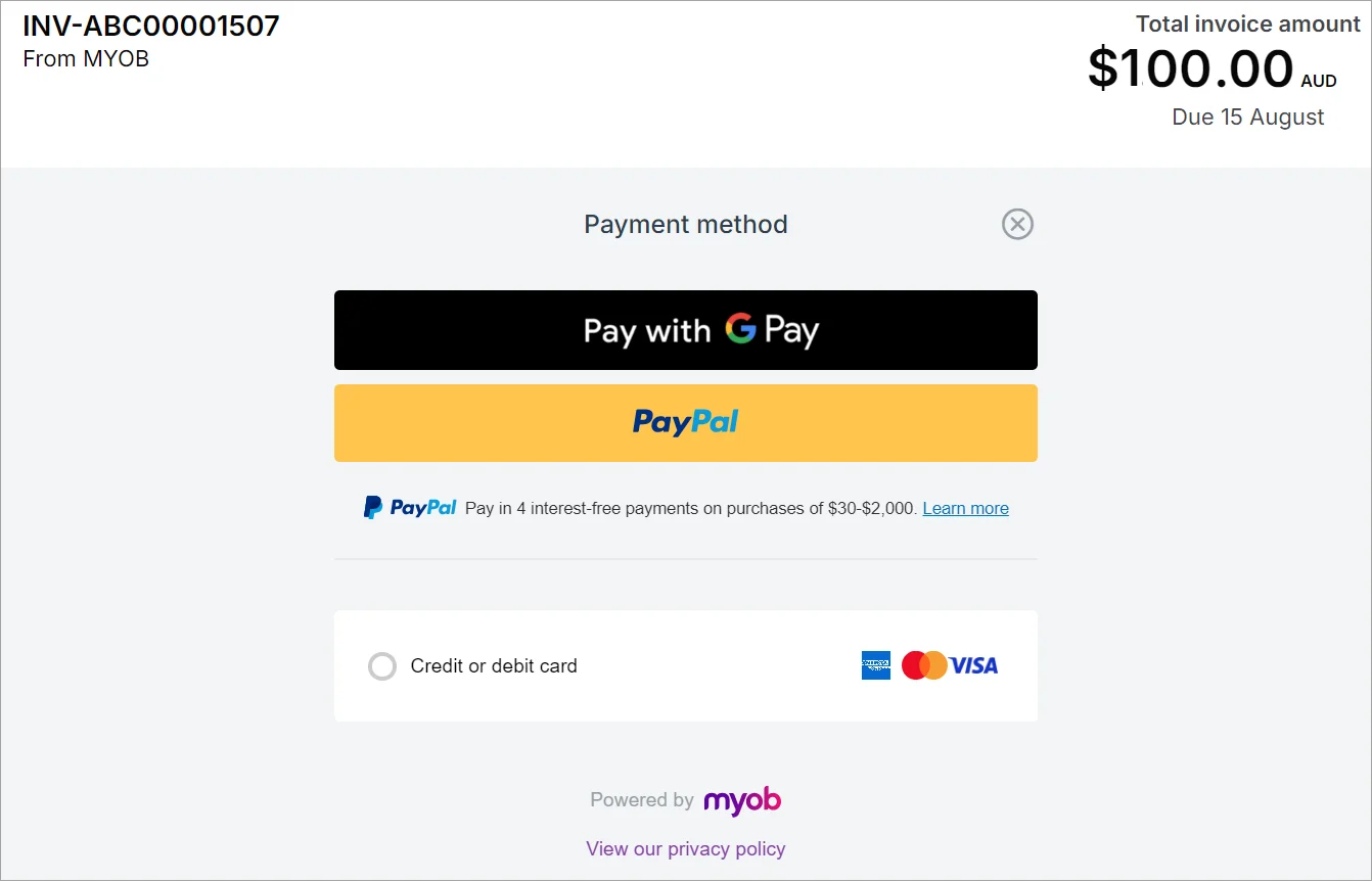 Select payment method screen