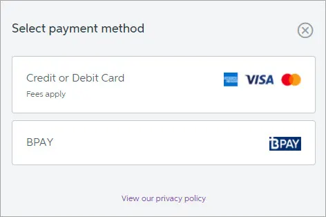 Select payment method screen