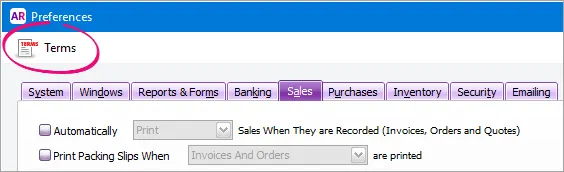Sales terms in the Preferences window > Sales tab